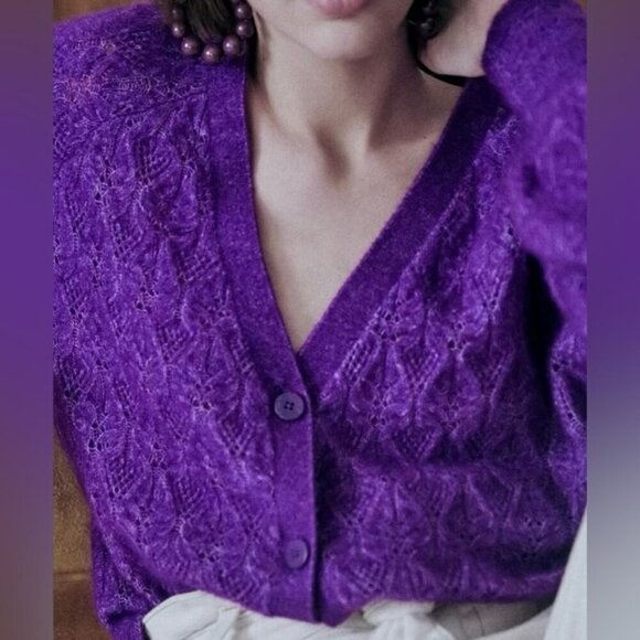 Sezane Marlow Knit Sweater Purple Size XS French Wool Kid Mohair Button V-Neck - Picture 2 of 13
